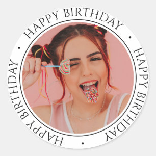 Happy Birthday Modern Simple Elegant Custom Photo Classic Round Sticker