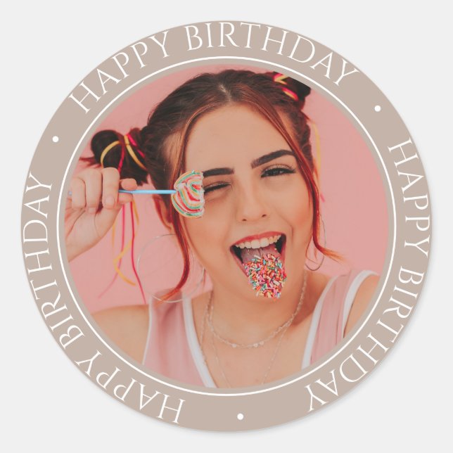 Happy Birthday Modern Simple Elegant Custom Photo  Classic Round Sticker (Front)