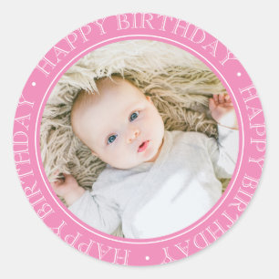 Happy Birthday Modern Simple Elegant Custom Photo Classic Round Sticker