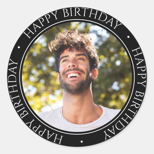 Happy Birthday Modern Simple Elegant Photo Black Classic Round Sticker (Front)