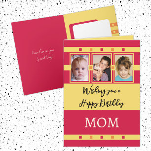 Happy Birthday Mom add 3 photos red yellow Card