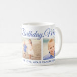 Happy Birthday Mom Blue Script Photo Keepsake Coffee Mug<br><div class="desc">Personalize this custom Happy Birthday photo coffee mug with three (3) favorite photos and a custom message. Includes periwinkle blue purple text that can be customized to a different color.</div>