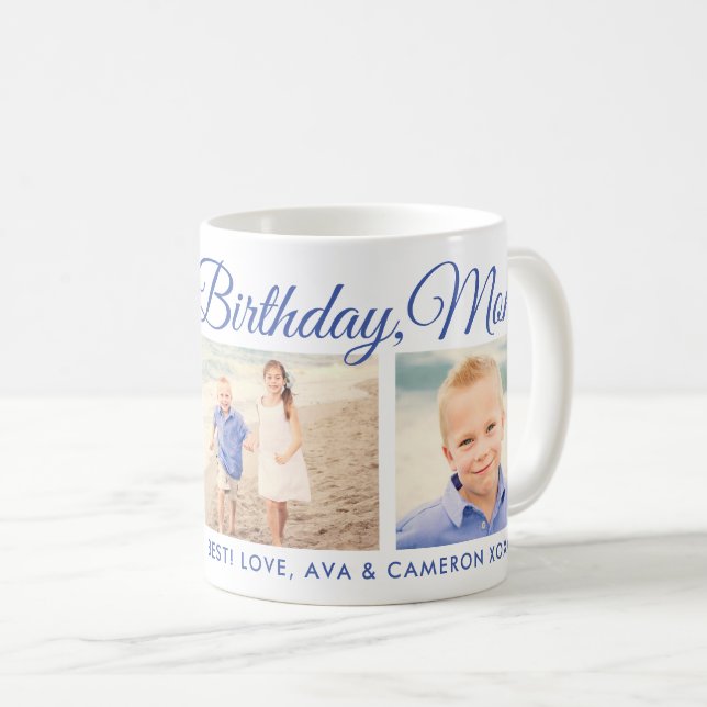 Happy Birthday Mom Blue Script Photo Keepsake Coffee Mug (Front Right)