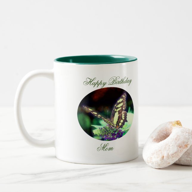 Happy Birthday Mom Butterfly  Two-Tone Coffee Mug (With Donut)