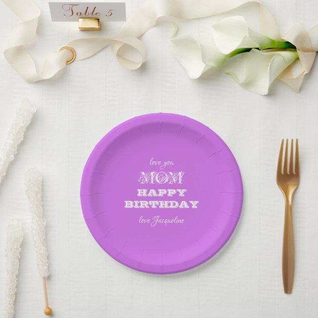 Happy Birthday Mom Chic Script Elegant Violet Paper Plates (Wedding)
