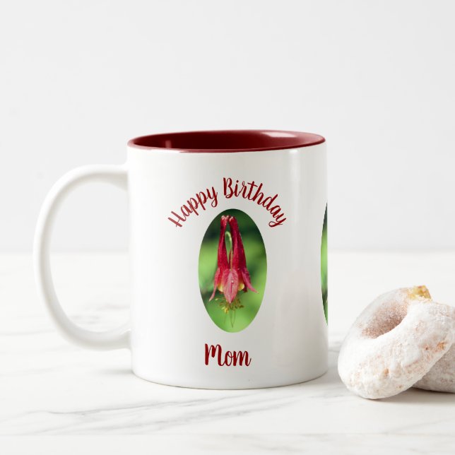 Happy Birthday Mom Columbine Flower  Two-Tone Coffee Mug (With Donut)