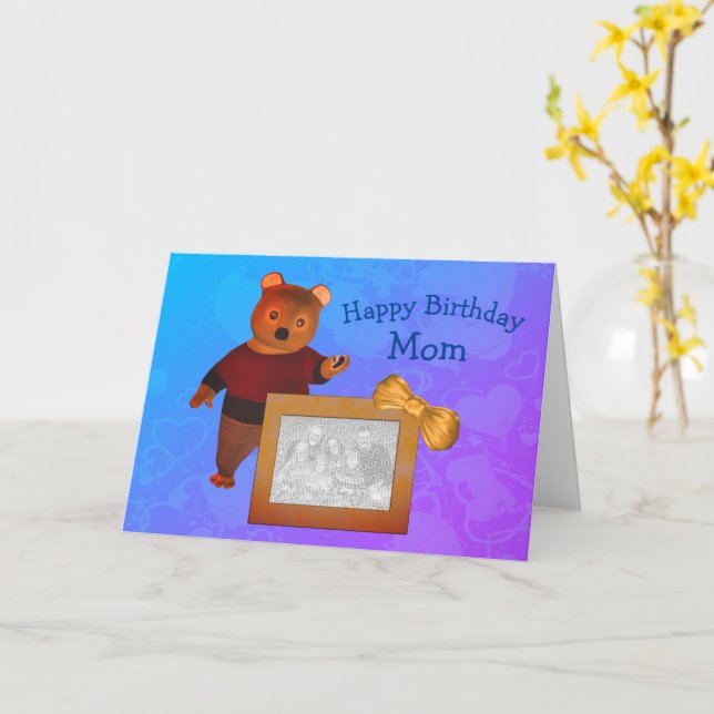 Happy Birthday Mom Cute Bear Photo Card (Yellow Flower)