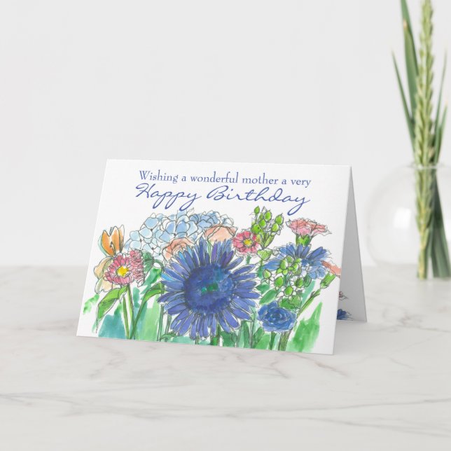 Happy Birthday Mom Daisy Hydrangea Rose Bouquet  Card (Front)