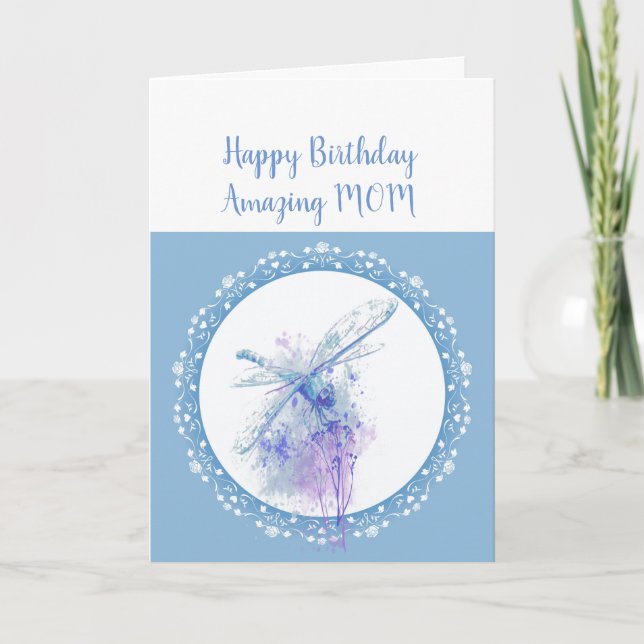 Happy Birthday Mom Dragonfly & Lace Card (Front)