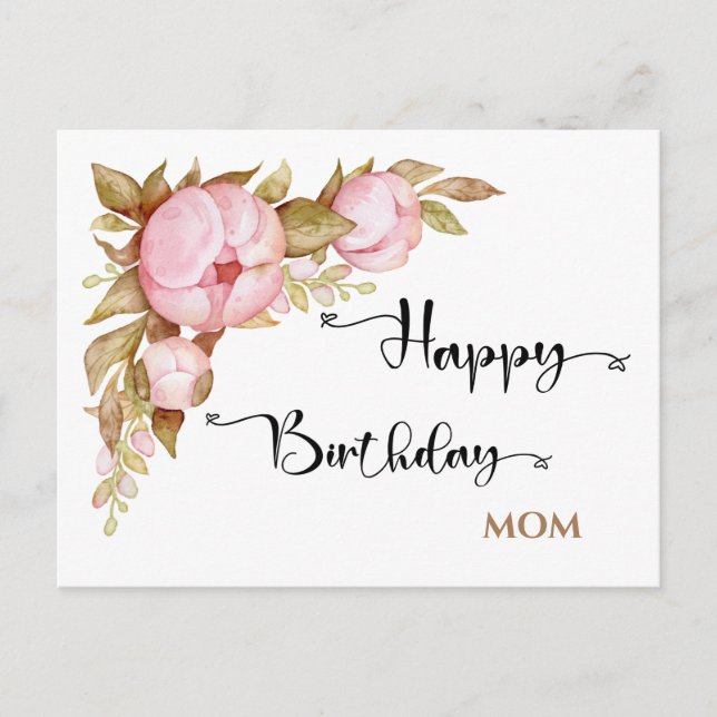 Happy Birthday Mom Floral Watercolor Postcard (Front)