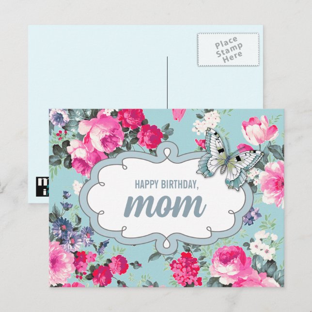 Happy Birthday, Mom. Flowers & Butterfly Postcard (Front/Back)