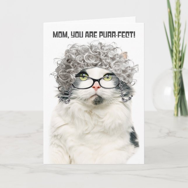 Happy Birthday Mom Funny Old Cat With Gray Hair  Holiday Card (Front)