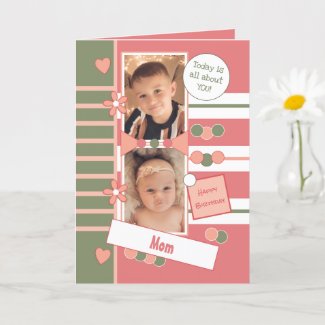 Happy Birthday mom green and coral photo Card