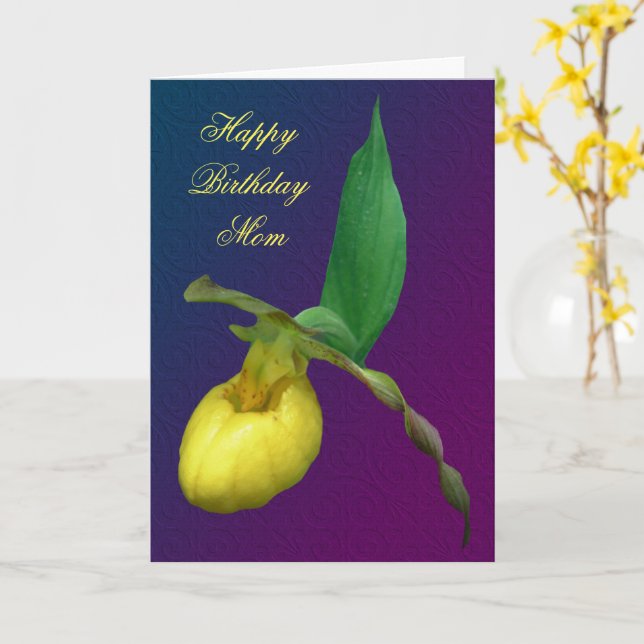Happy Birthday Mom Lady Slipper Flower Card (Yellow Flower)
