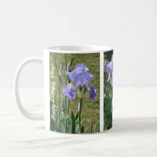 Happy Birthday Mom Mug with Blue Mauve Irises