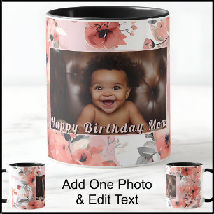 Happy Birthday Mom Mum Photo Cute Pink Floral 009 Mug