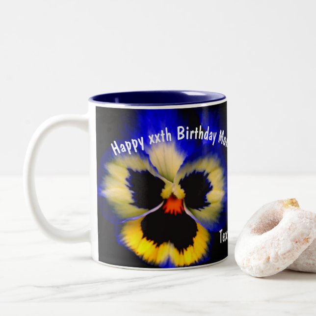 Happy Birthday Mom Pansy Flower Personalized  Two-Tone Coffee Mug (With Donut)