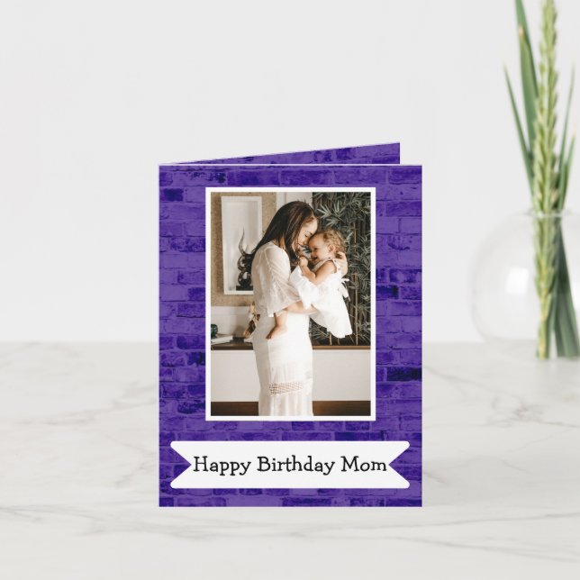 Happy Birthday Mom Photo Purple And White Card  (Front)