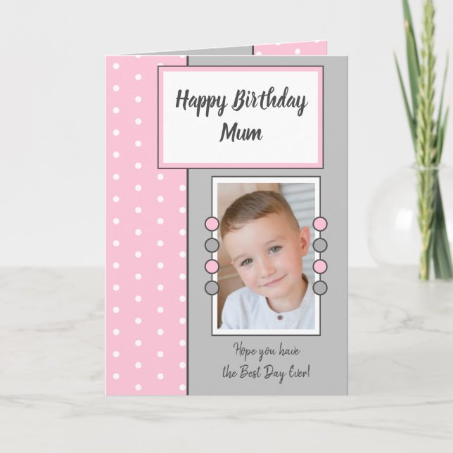Happy Birthday Mom pink and gray photo Card (Front)