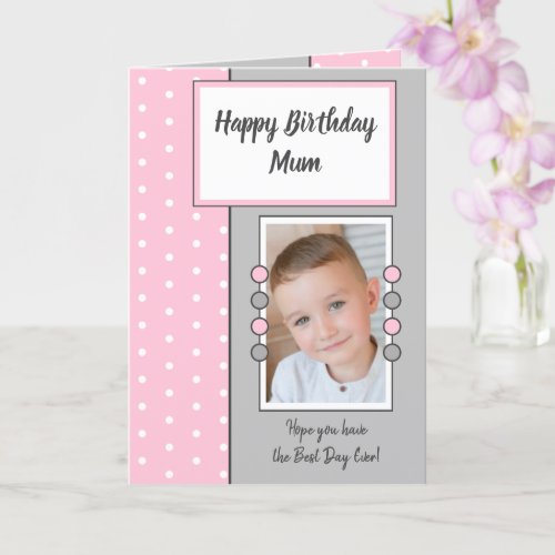 Happy Birthday Mom pink and gray photo Card