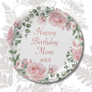 Happy Birthday Mom Pink Floral Party  Paper Plates