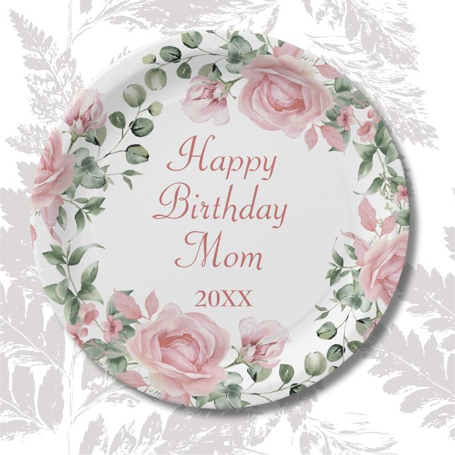 Happy Birthday Mom Pink Floral Party  Paper Plates (Creator Uploaded)