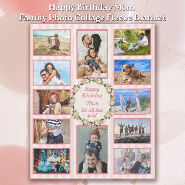 Happy Birthday Mom Pink Rose Photo Collage Fleece Blanket (Happy Birthday Mom Pink Rose Family Photo Collage Fleece Blanket)