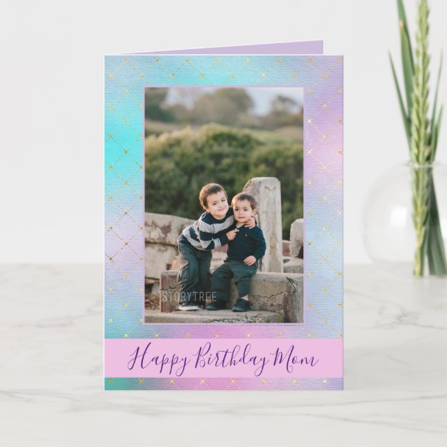 Happy birthday mom purple and blue ombre photo card (Front)