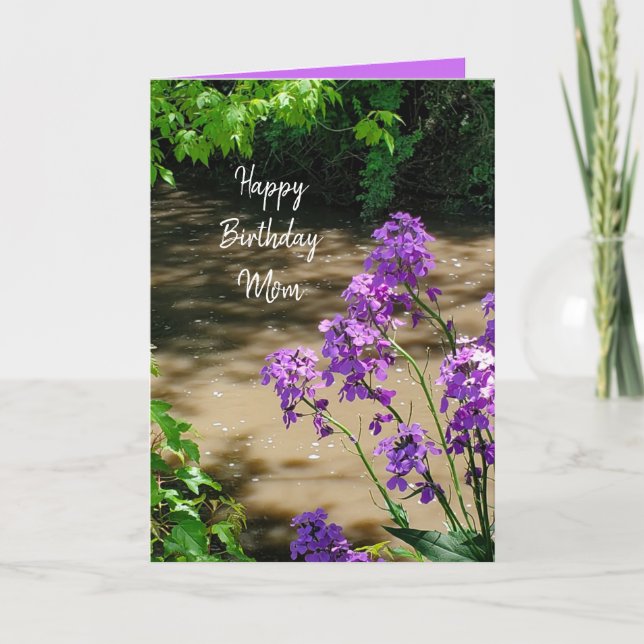 Happy Birthday Mom Purple Flowers and Stream Holiday Card (Front)