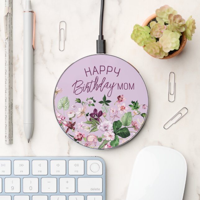 Happy Birthday Mom Purple Wildflower  Wireless Charger (Desk)