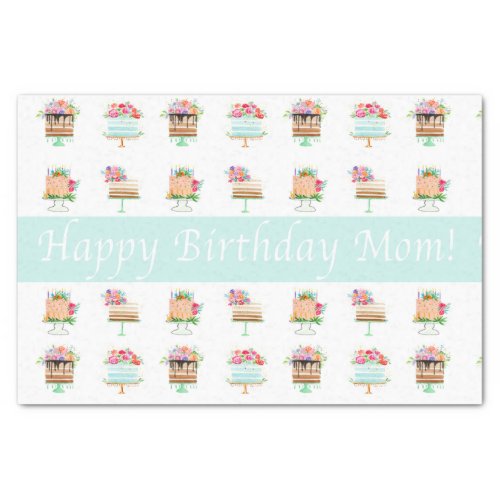 Happy Birthday Mom Watercolor Floral Cakes Tissue Paper