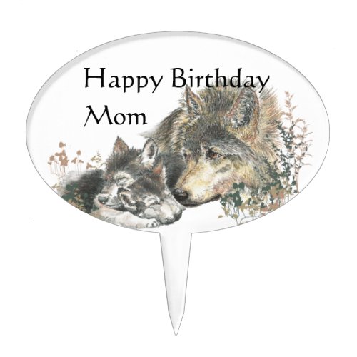 Happy Birthday Mom Watercolor Wolf  Cubs Animal Cake Topper