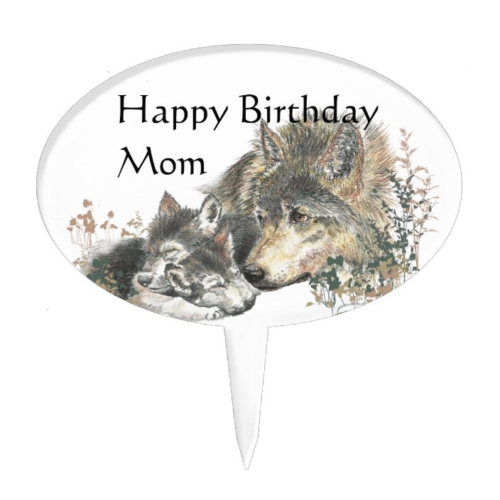 Happy Birthday Mom Watercolor Wolf Cubs Animal Cake Topper