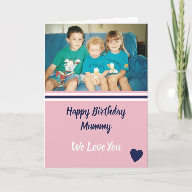 Happy Birthday Mommy pink navy and white photo Card (Front)