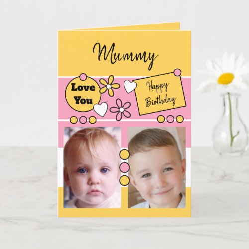 Happy Birthday Mommy pink yellow with photos Card