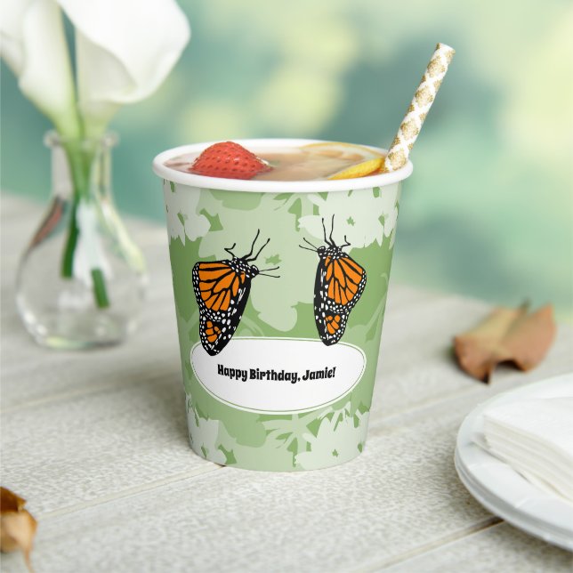 Happy Birthday Monarch Butterfly Green Paper Cups (Insitu)