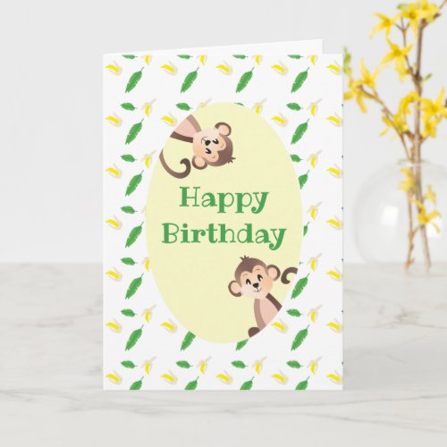Happy Birthday Monkey Tropical Leaf Banana Peels Card