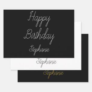 Happy Birthday Monogram Name Black White Gold Wrapping Paper Sheets