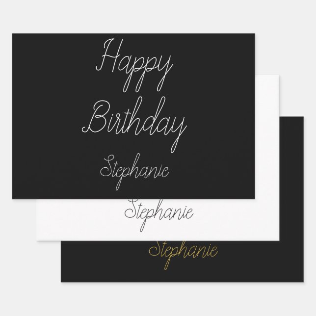 Happy Birthday Monogram Name Black White Gold  Wrapping Paper Sheets (Set)