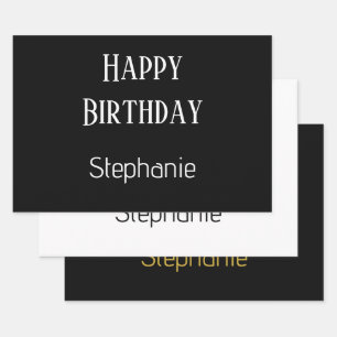 Happy Birthday Monogram Name Gold Black White Wrapping Paper Sheets
