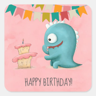 Happy Birthday Monster and Cake Square Sticker