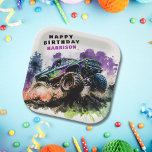 Happy Birthday Monster Truck Smash Crash Boy Paper Plates<br><div class="desc">Happy Birthday Monster Truck Smash Crash Boy Kids Paper Party Plates features a watercolor monster truck driving through the dirt with the text "Happy Birthday (Name)" in modern typography script. Perfect for children's birthday party celebrations. Send in the mail or simply download the shareable downloadable digital invitation. Designed by Evco...</div>