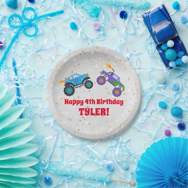 Happy Birthday, Monster Trucks, Child's Name & Age Paper Plates (Party)