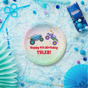 Happy Birthday, Monster Trucks, Child's Name & Age Paper Plates