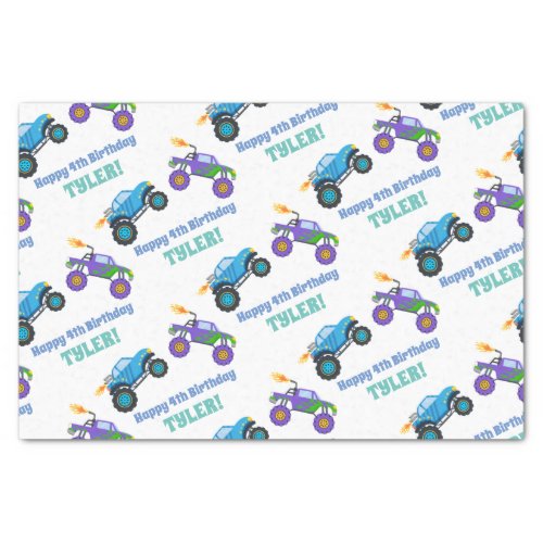 Happy Birthday Monster Trucks DIY NameAge White Tissue Paper