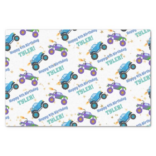 Happy Birthday Monster Trucks NameAge Gold Stars Tissue Paper