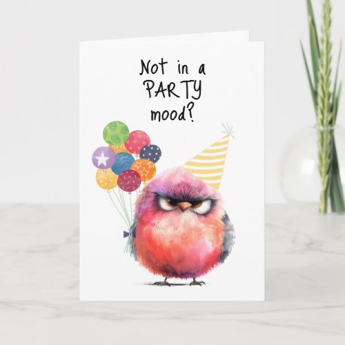 Happy Birthday Moody Bird Party Hat Balloons  Card