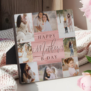 Happy Birthday Mother Photo Collage Pink Woodgrain Plaque