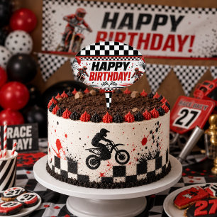 Happy Birthday Motocross Race Black Check Cake Topper