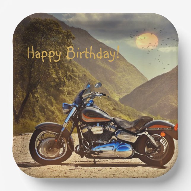 Happy Birthday Motorcycle Paper Plates (Front)